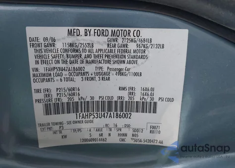 2007 Ford Taurus Se from USA, damaged, VIN 1FAHP53U47A186002